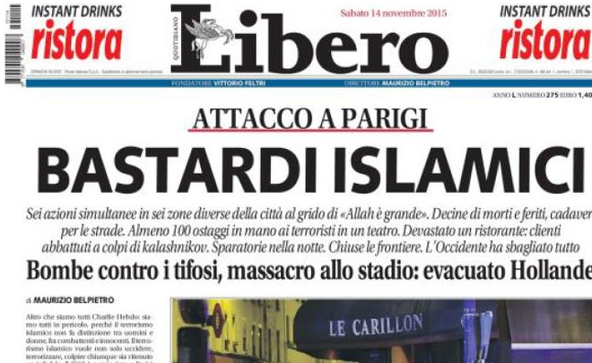 Prima Pagina di Libero: Titolo Shock sull'Attentato a Parigi