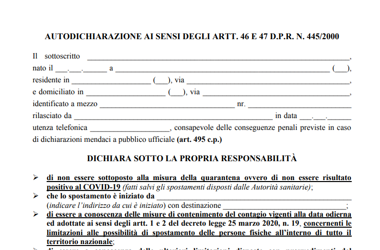 Il nuovo modello di autocertificazione (26 marzo) da stampare in pdf